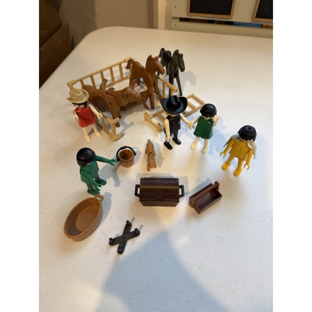 Vtg Lot 1974 Geobra Playmobil Western Figures Cowboys Horses Sheriff W/acc Rare